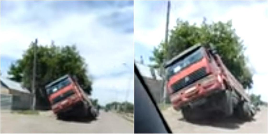 Самосвал провалился в асфальт в Абае Карагандинской области (видео)