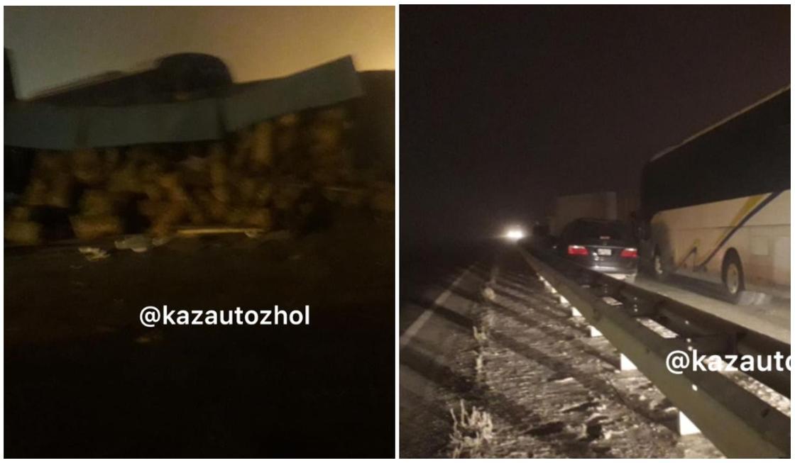 Более 50 человек попали в аварию с участием 2 автобусов и КамАЗа на трассе Алматы - Ташкент