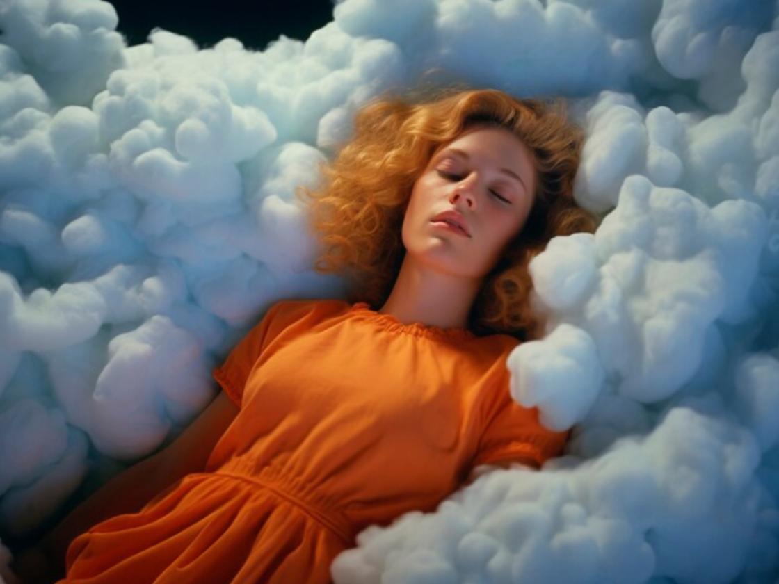 Девушка в оранжевом платье лежит на облаке