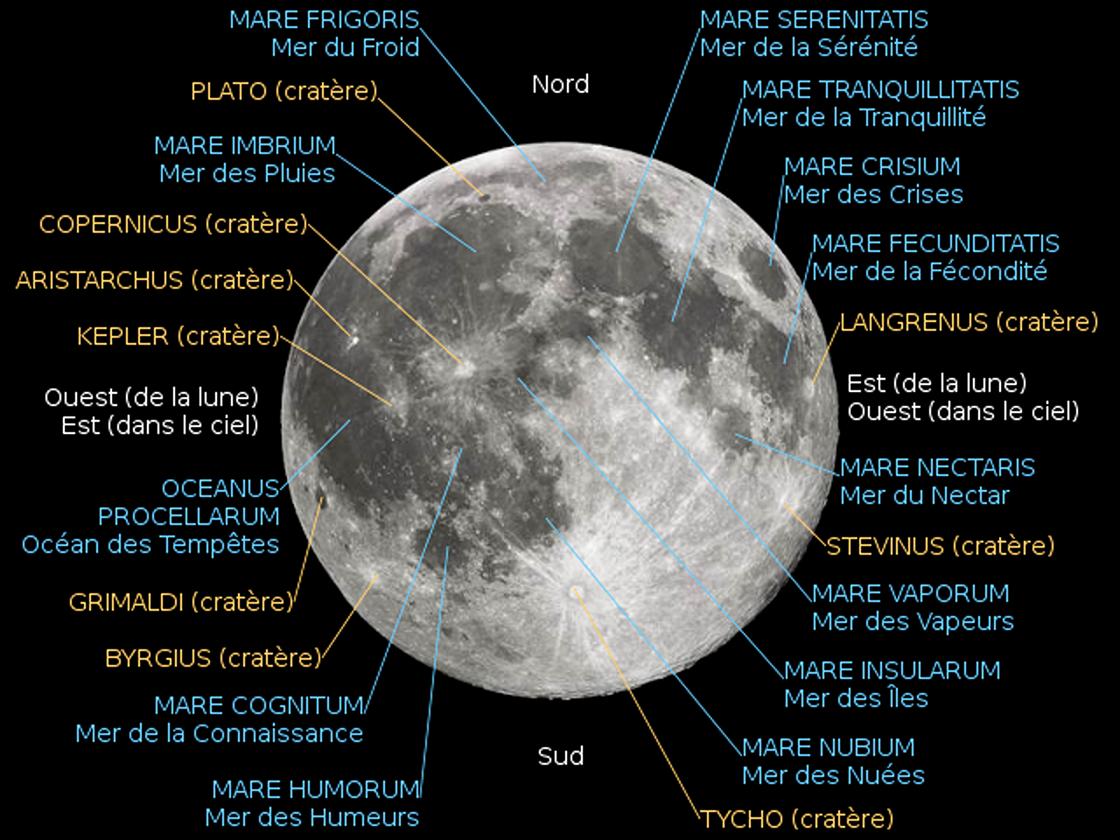 Карта Луны с названиями морей и кратеров