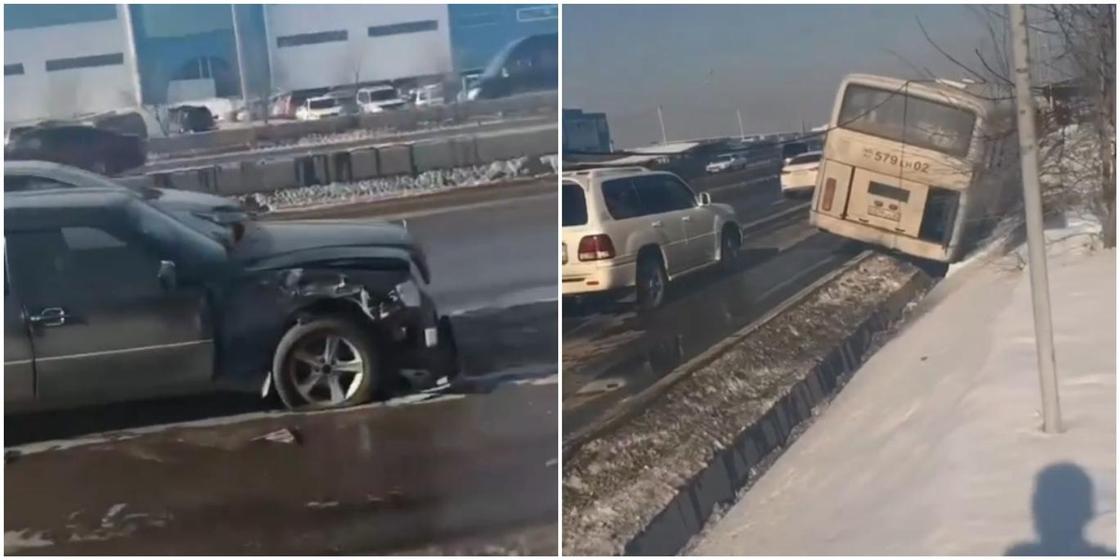 Водитель Mercedes протаранил пассажирский автобус и столкнул его в арык в Алматы (видео)