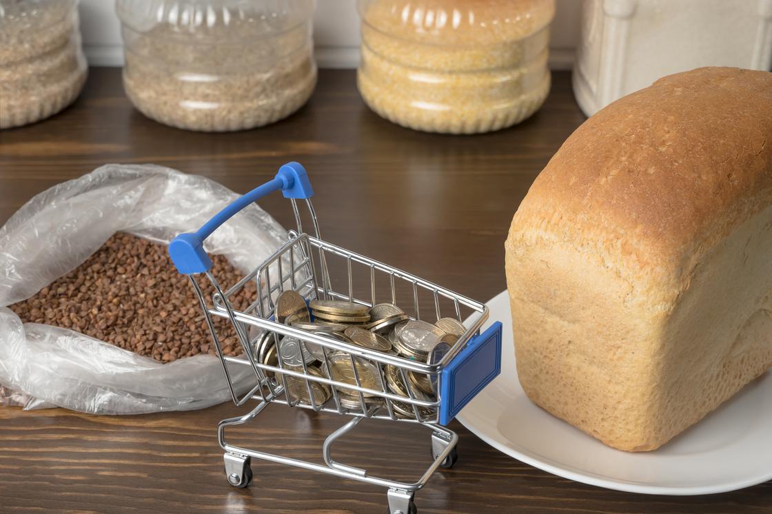 Маленькая корзина для продуктов наполнена монетами тенге и стоит рядом с хлебом и крупами