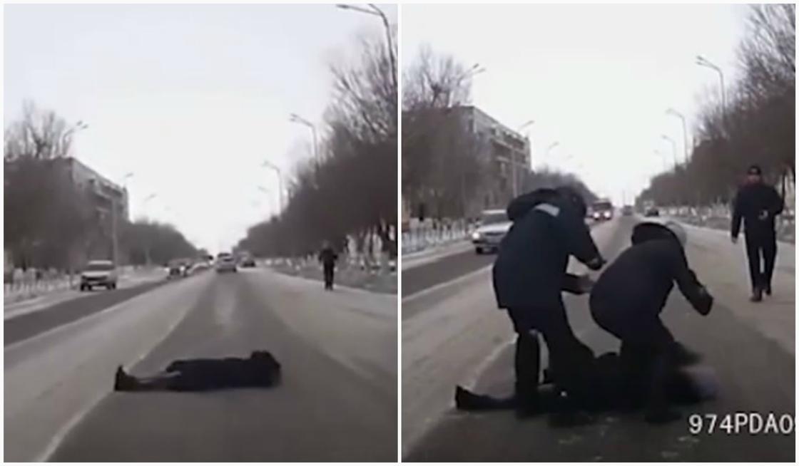 Женщина "аккуратно" упала перед едущим автомобилем в Жезказгане