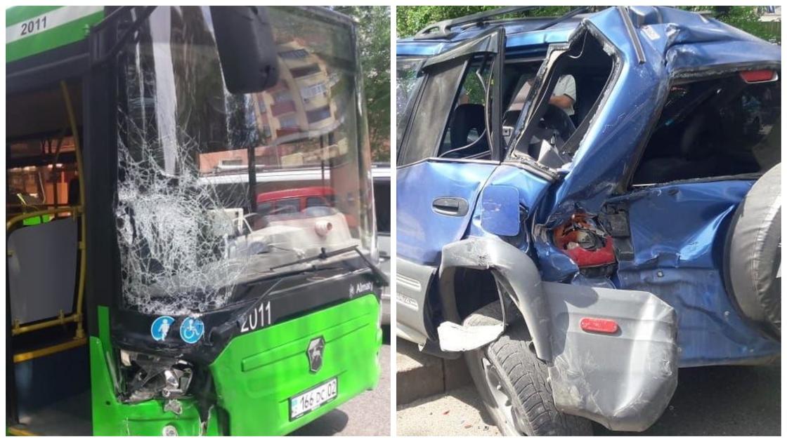 Пассажирский автобус протаранил четыре автомобиля в Алматы (фото)