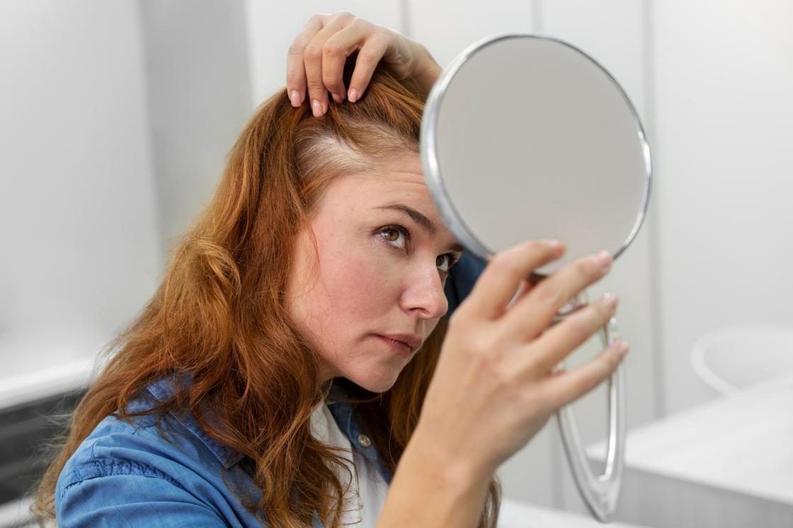 Девушка в зеркало рассматривает состояние кожи головы