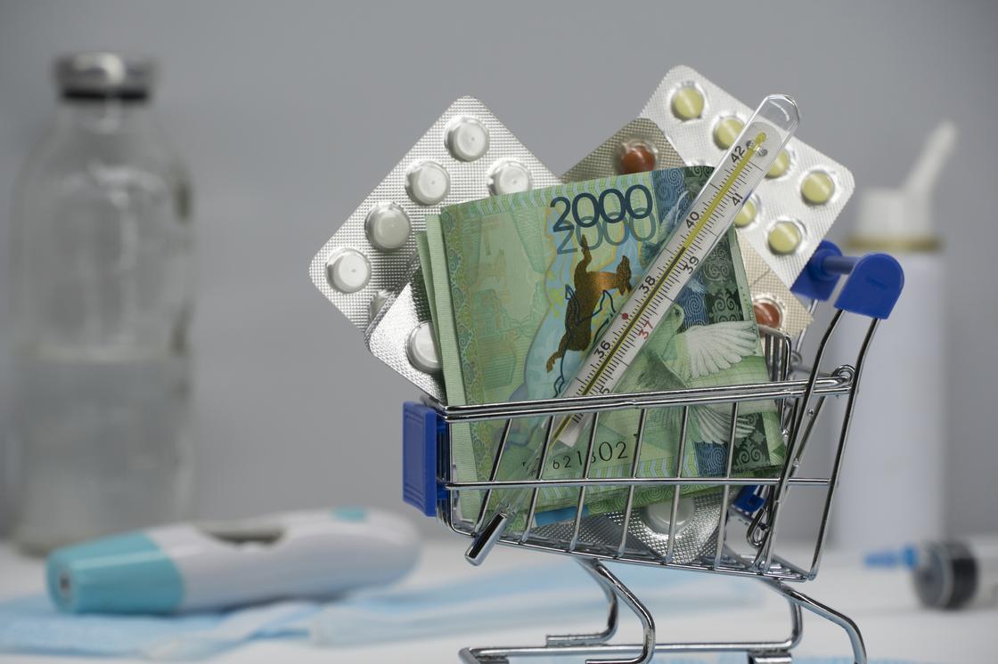 Лекарства и деньги лежат в миниатюрной тележке для покупок