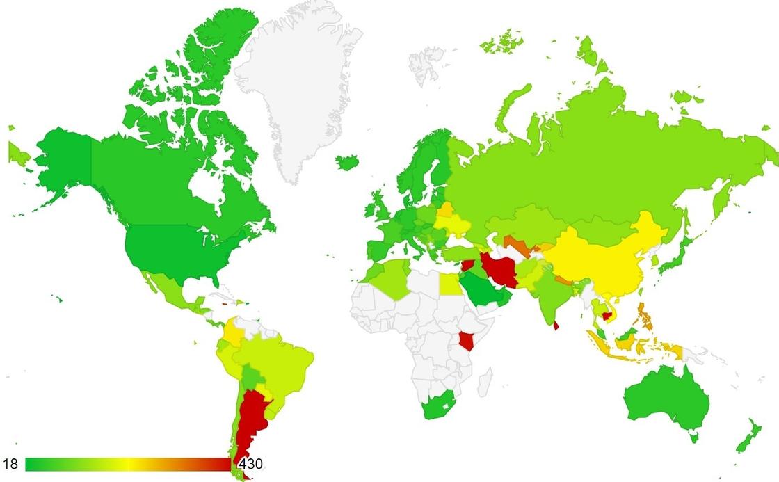 Страны закрашены на карте в зависимости от доступности ипотеки