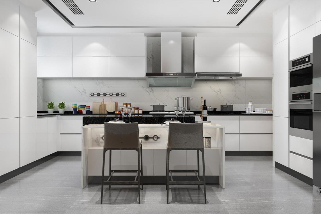Хай-тек кухня в бело-серых оттенках. Шкафы строгой геометрической формы, с гладкими фасадами.