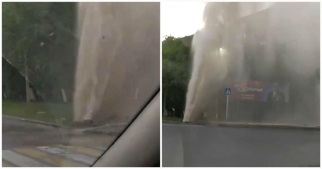 Фонтан горячей воды забил на оживленном перекрестке в Павлодаре (видео)