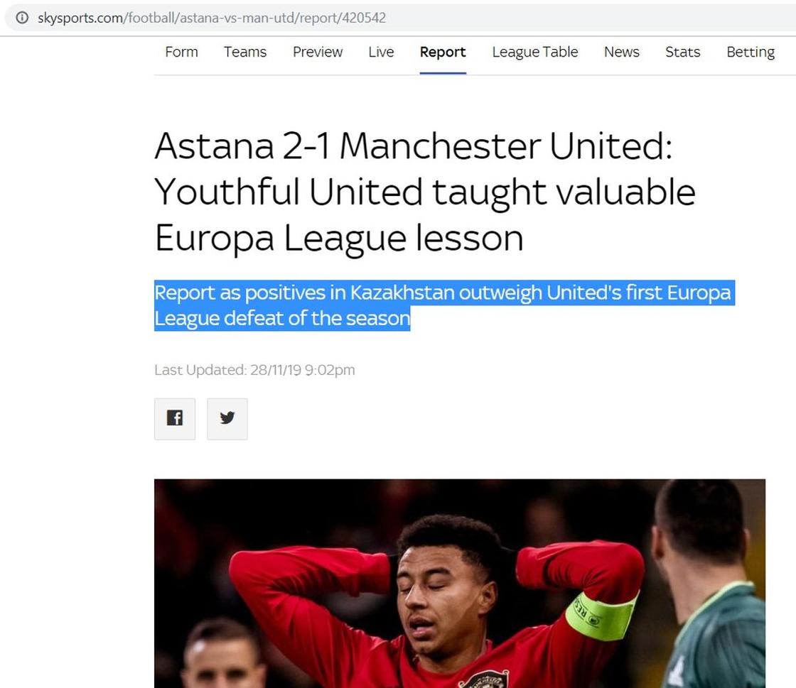 СМИ ошарашены победой "Астаны" над "Манчестер Юнайтед"
