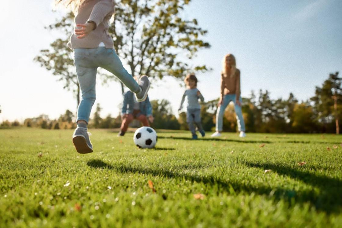 Ногой бьют по мячу. Дети стоят в шеренге и ловят футбольный мяч