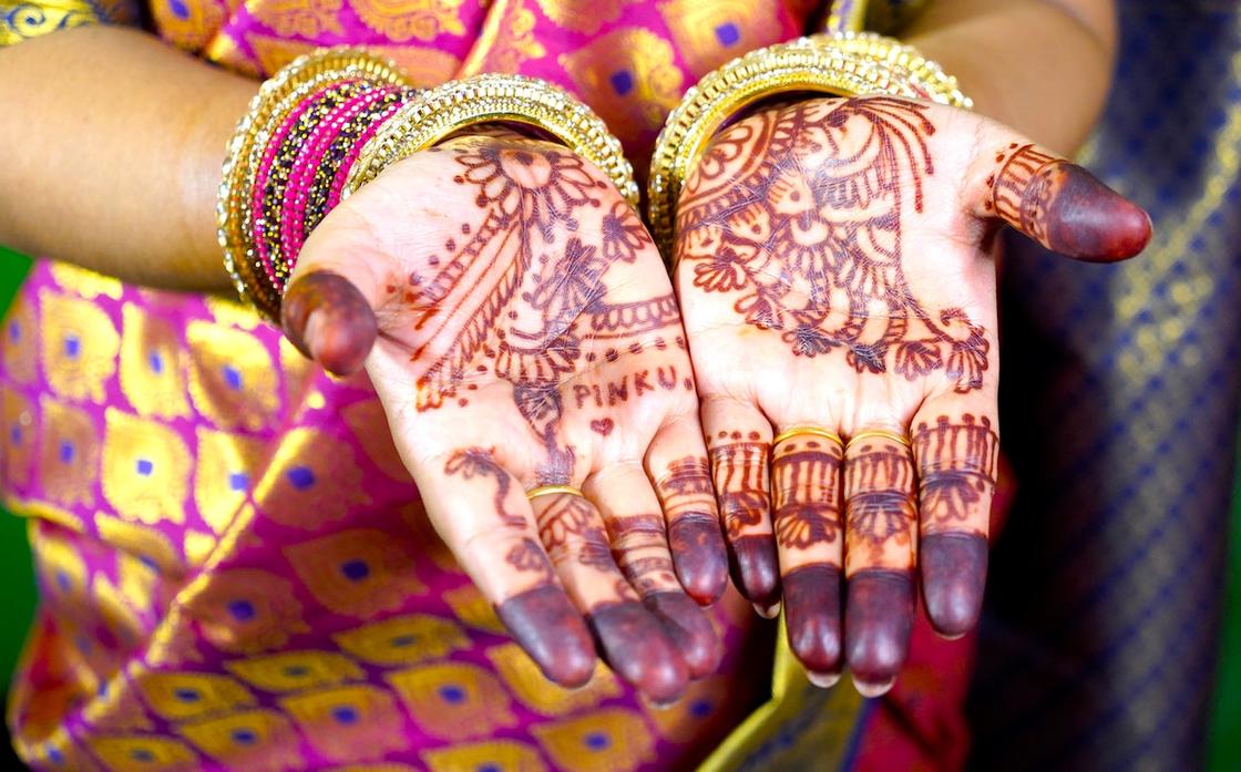 Рисунки хной на руках женщины в индийском наряде