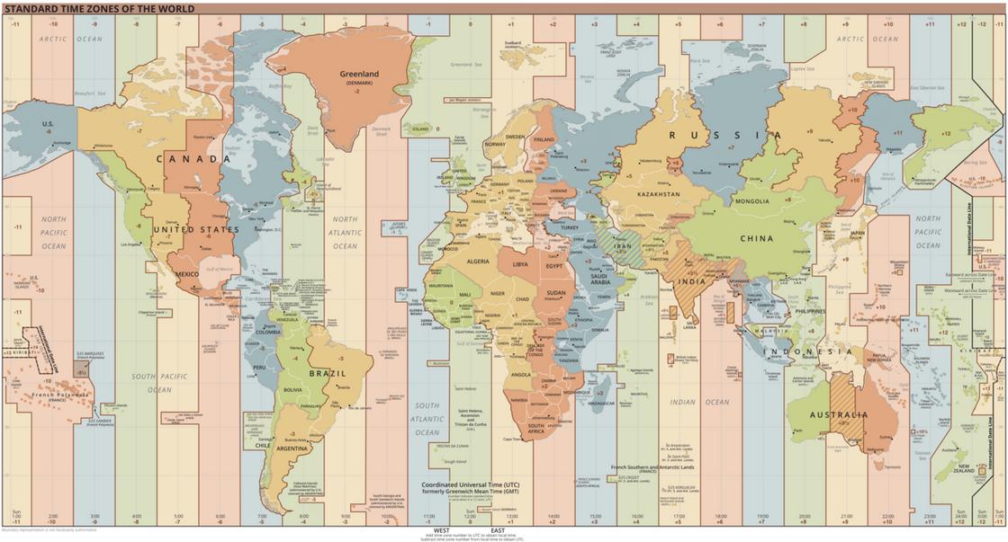 Часовые пояса на карте планеты