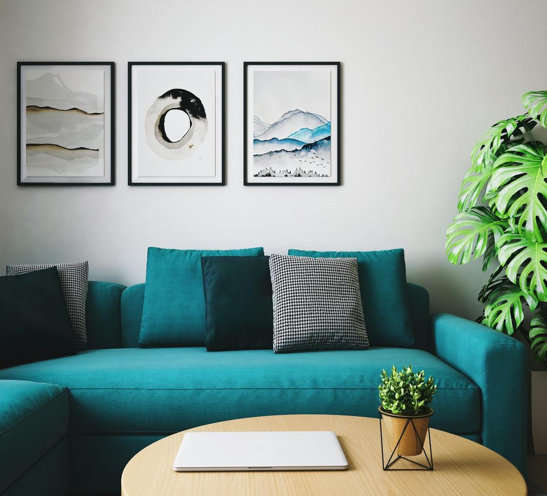 Картины, диванные подушки и цветы в оформлении интерьера
