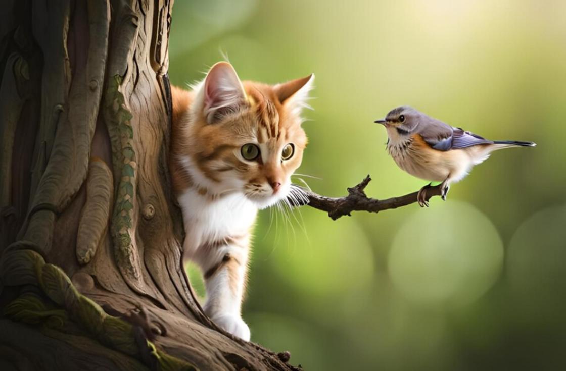 Кот крадется по ветке к птице