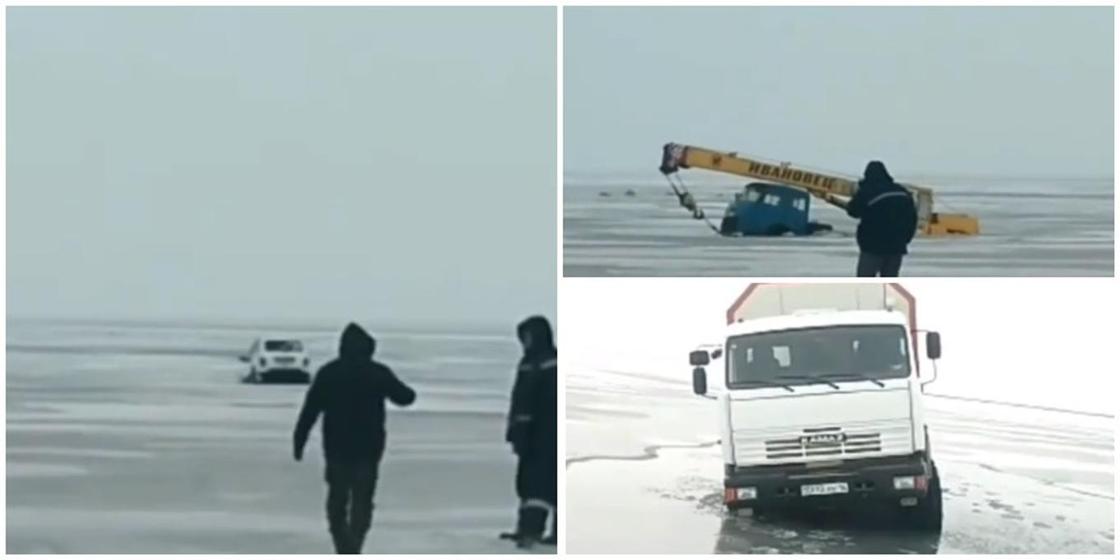 Кран и КамАЗ провалились под лед, вытаскивая "Ниву" в Павлодаре (видео)