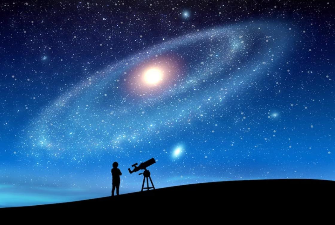 Телескоп и фигура на фоне звездного неба