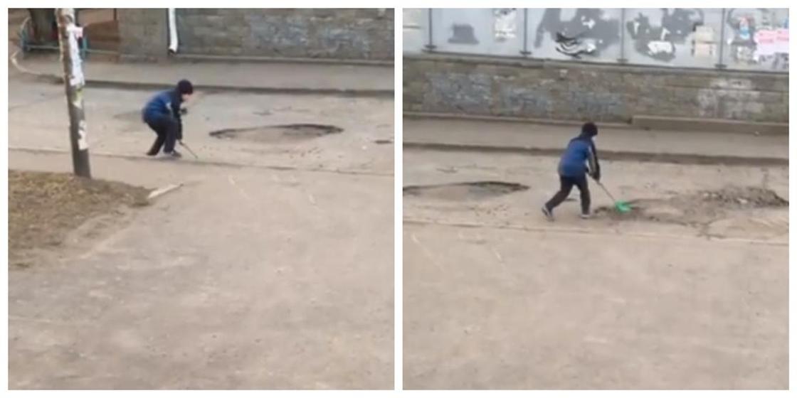 Мальчик лопаткой засыпал ямы на дорогах, и его позвали на работу в Омске
