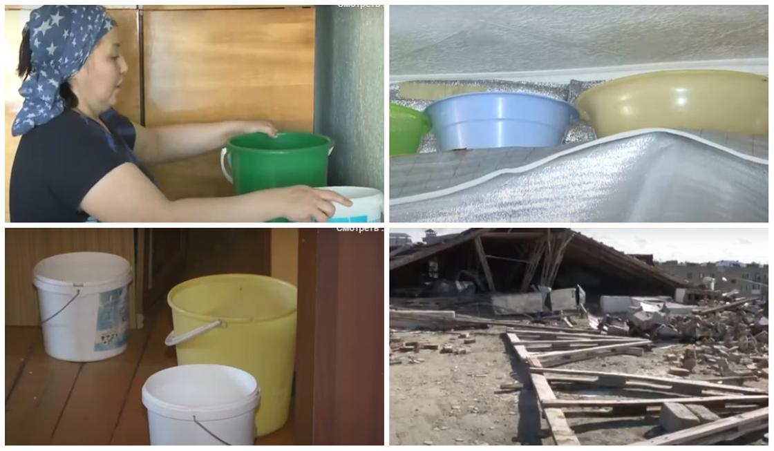 Ураган сорвал крыши домов в Кокшетау: жильцам приходится спасать квартиры от потопа (видео)
