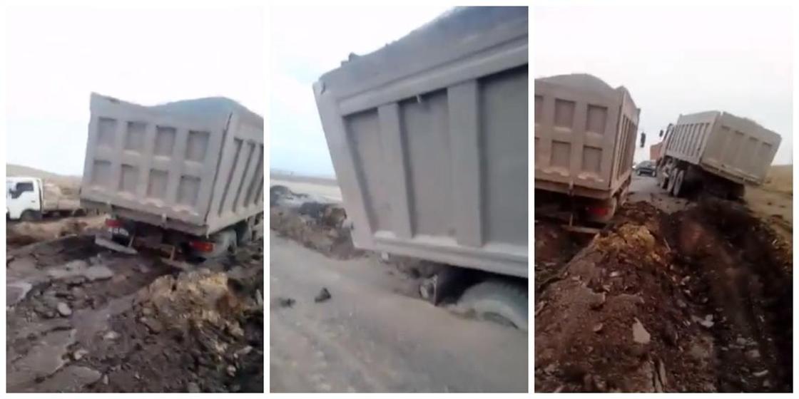 Два грузовика провалились под асфальт в Карагандинской области