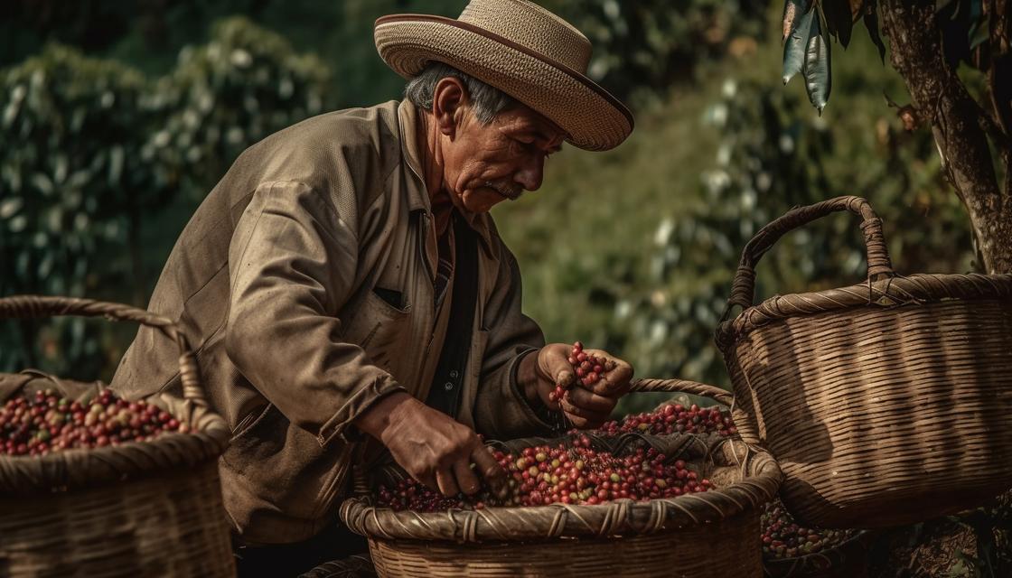 Мужчина складывает кофейные ягоды в плетеные корзины