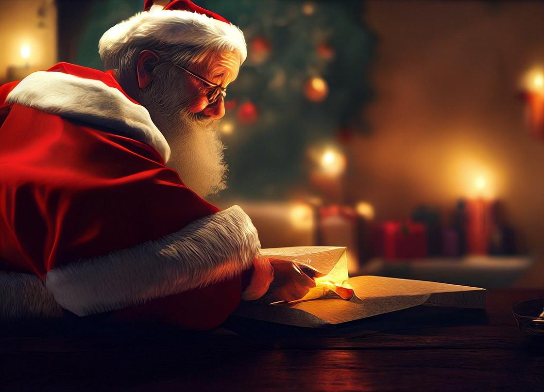 Санта Клаус упаковывает новогодний подарок