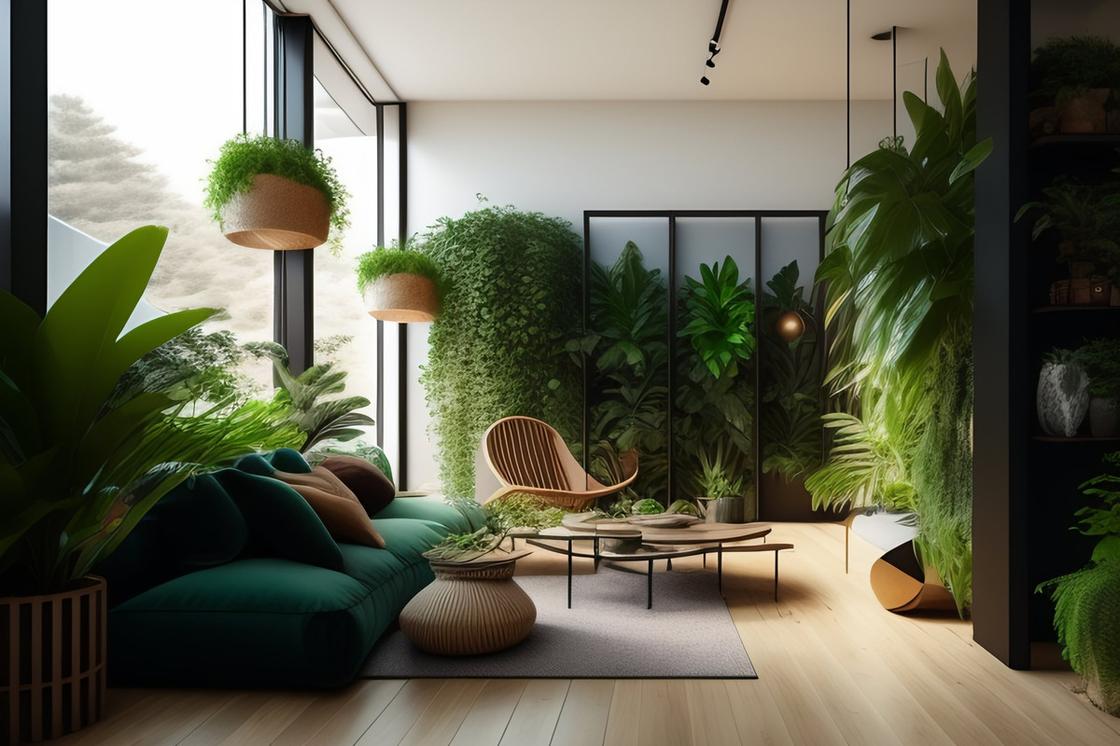 В комнате на стенах, на полу размещены горшки с растениями. Под панорамным окном стоит диван с подушками, кресло, журнальный столик, пуфик