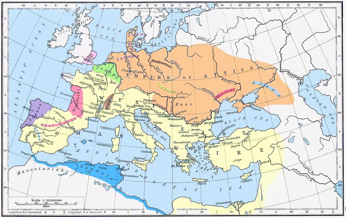Империя гуннов в период правления Аттилы на карте