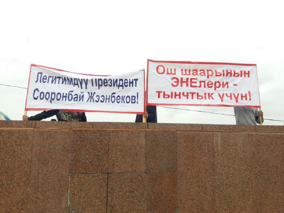 Плакаты в поддержку Жээнбекова держат митингующие в Оше