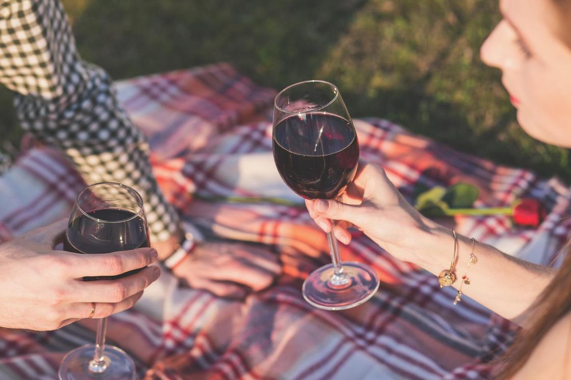 Мужчина и женщина держат бокалы с вином, сидя на покрывале для пикника