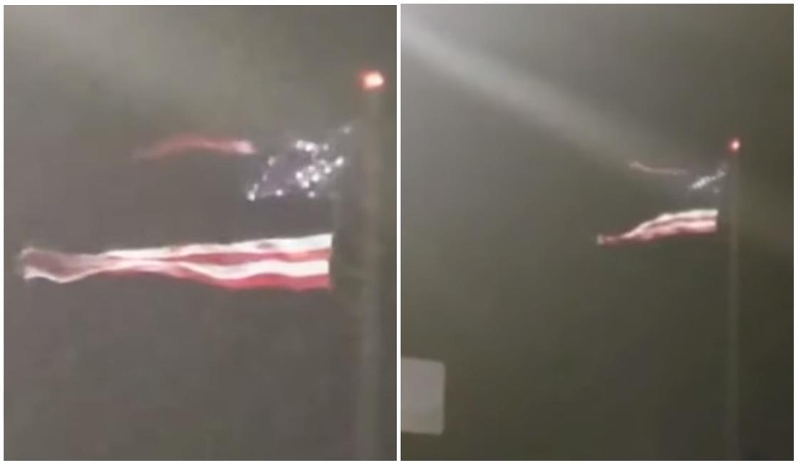 Самый большой флаг США разорвался напополам после попадания молнии (видео)