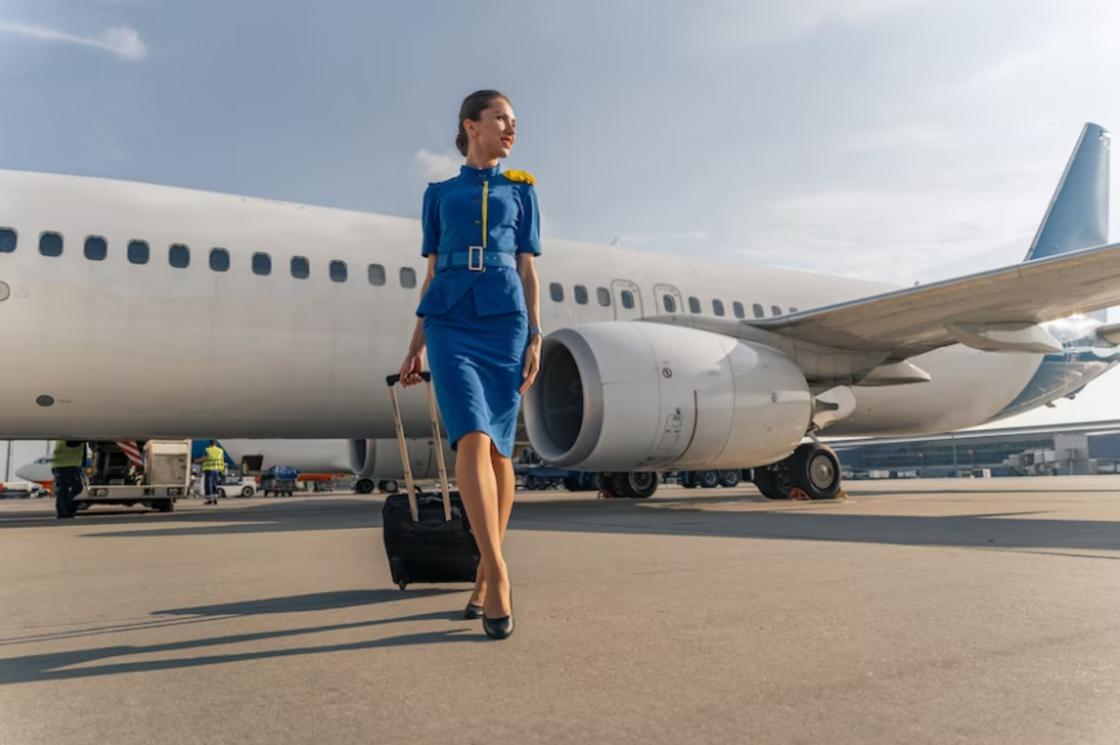 Девушка в форме стюардессы с чемоданом стоит на фоне самолета