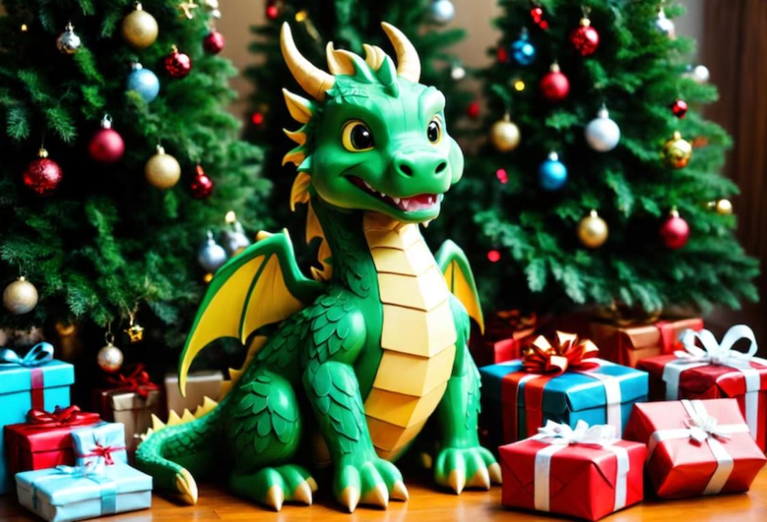 Фигурка дракона на фоне елки и подарков