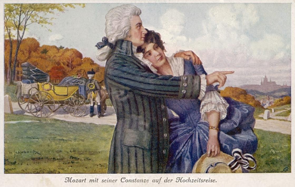 Открытка с изображением Моцарта и Констанции
