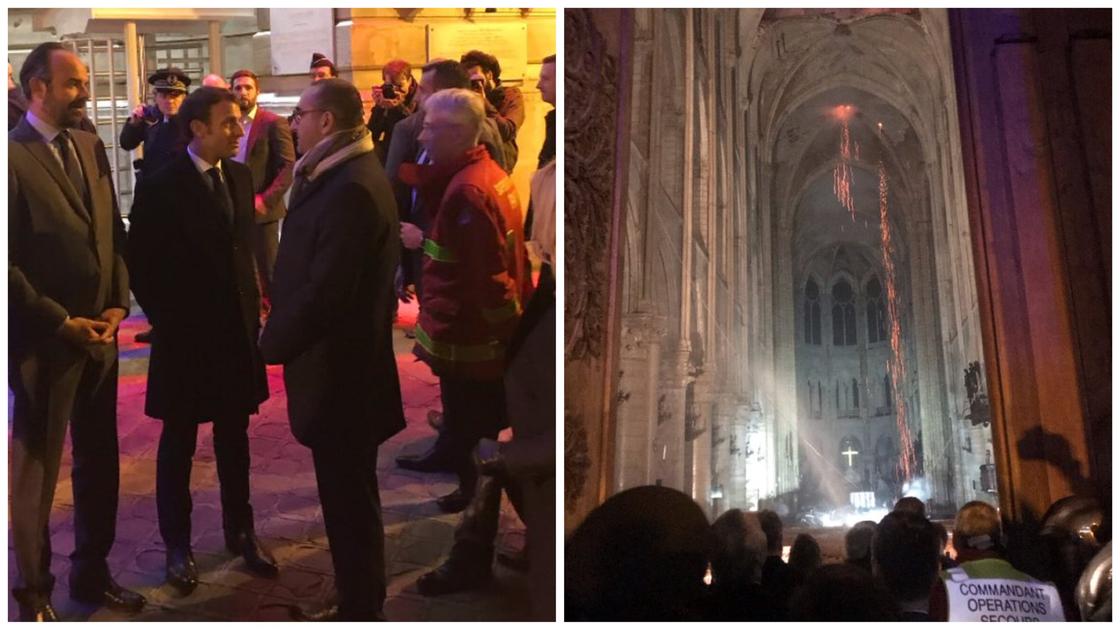 Пожар в соборе Парижской Богоматери: Макрон зашел внутрь еще не потушенного Нотр-Дама (видео)