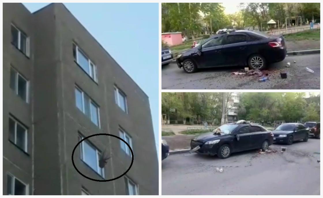 Поругавшаяся с мужем женщина побросала с 9 этажа на его авто тяжелые вещи в Темиртау