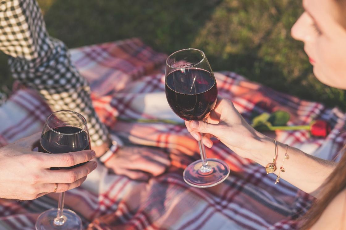 Девушка и парень держат в руках бокалы с красным вином