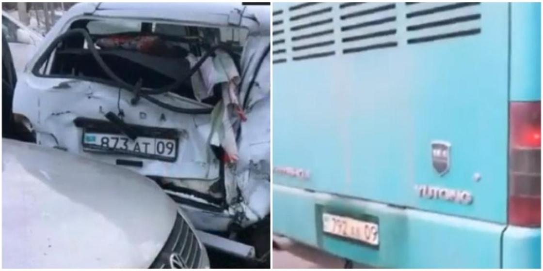 Пассажирский автобус врезался в легковушку в Караганде (видео)