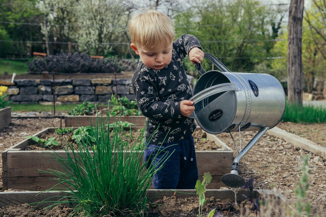 Белокурый мальчик с лейкой поливает растения