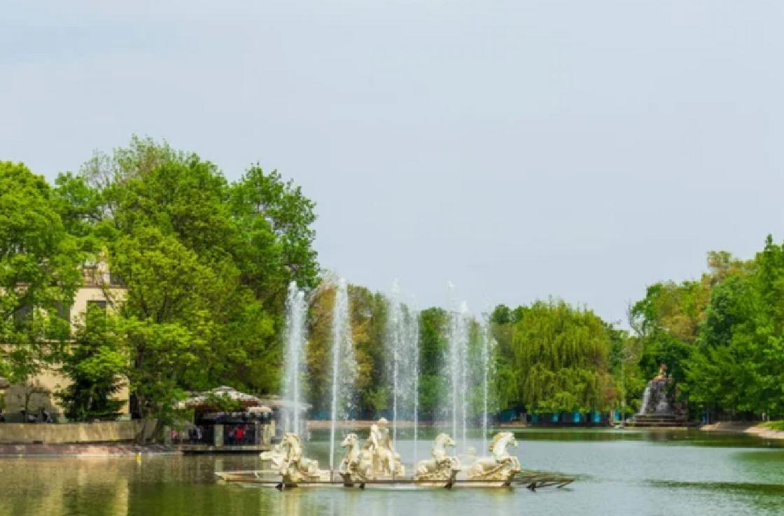 Фонтан в центре озера в парке