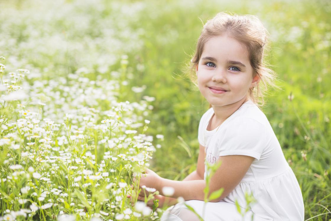 Девочка сидит в окружении полевых цветов
