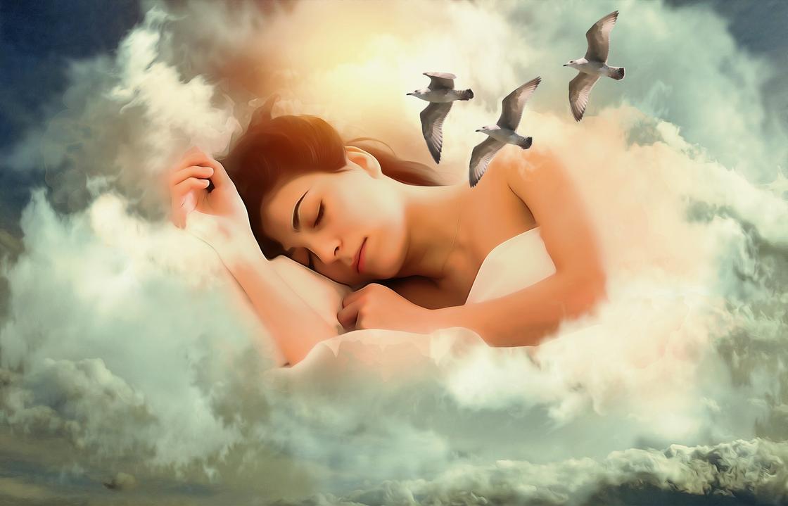 Девушка спит среди облаков и птиц