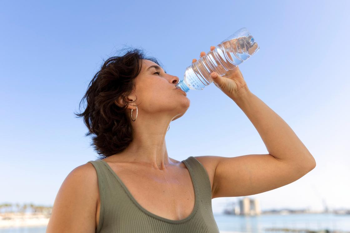 Девушка пьет воду из пластиковой бутылки