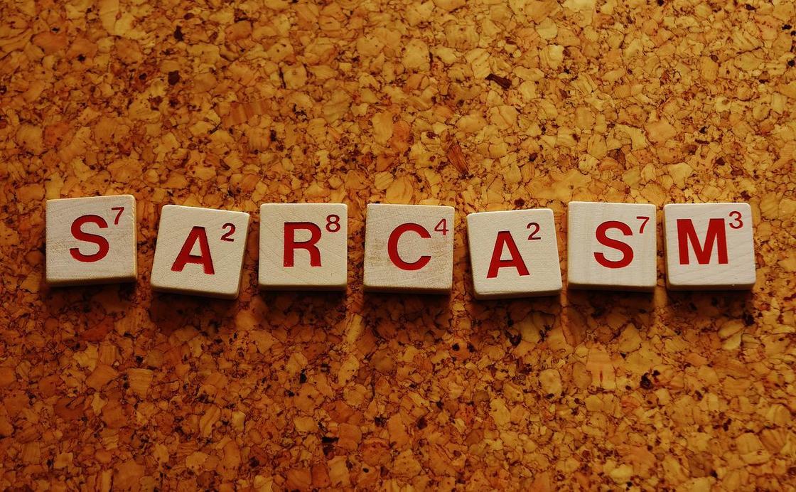 Из английских букв выложено слово "сарказм"