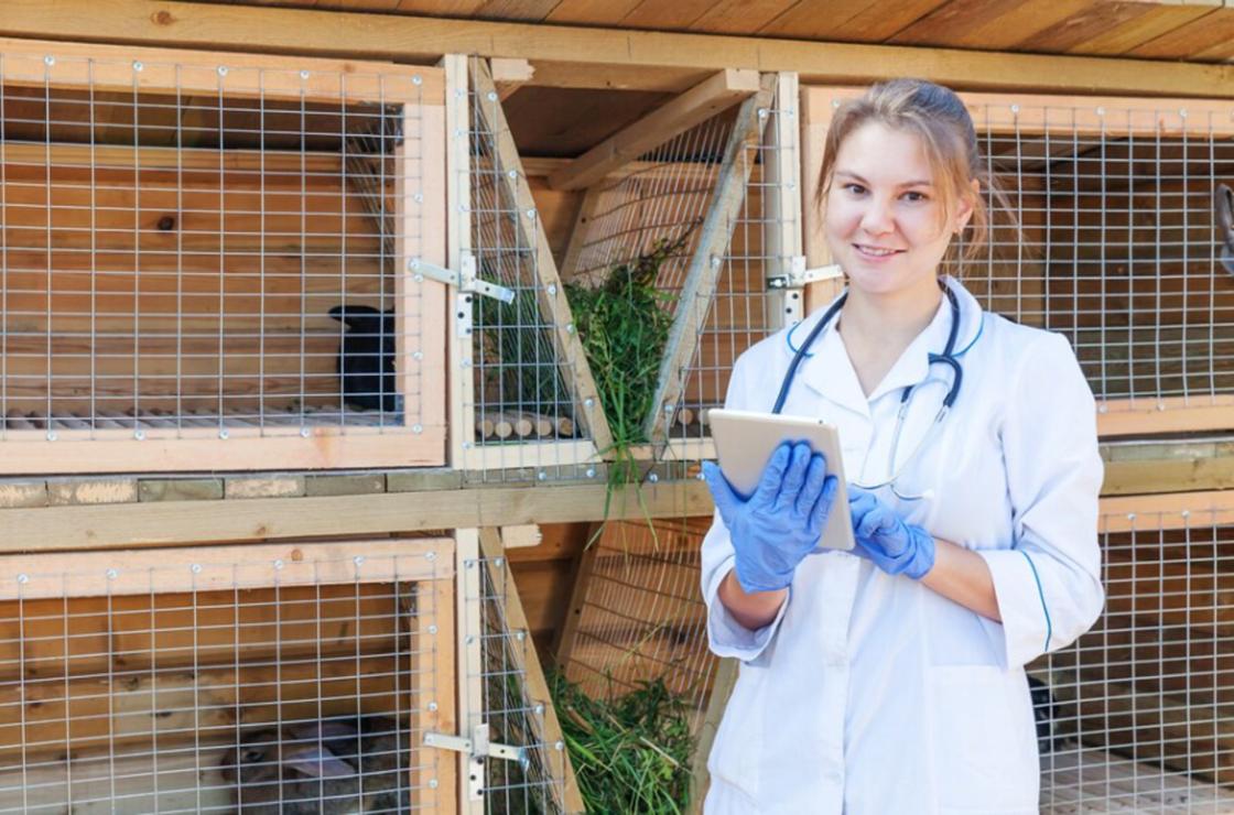 Девушка в медицинском халате стоит возле клеток с животными