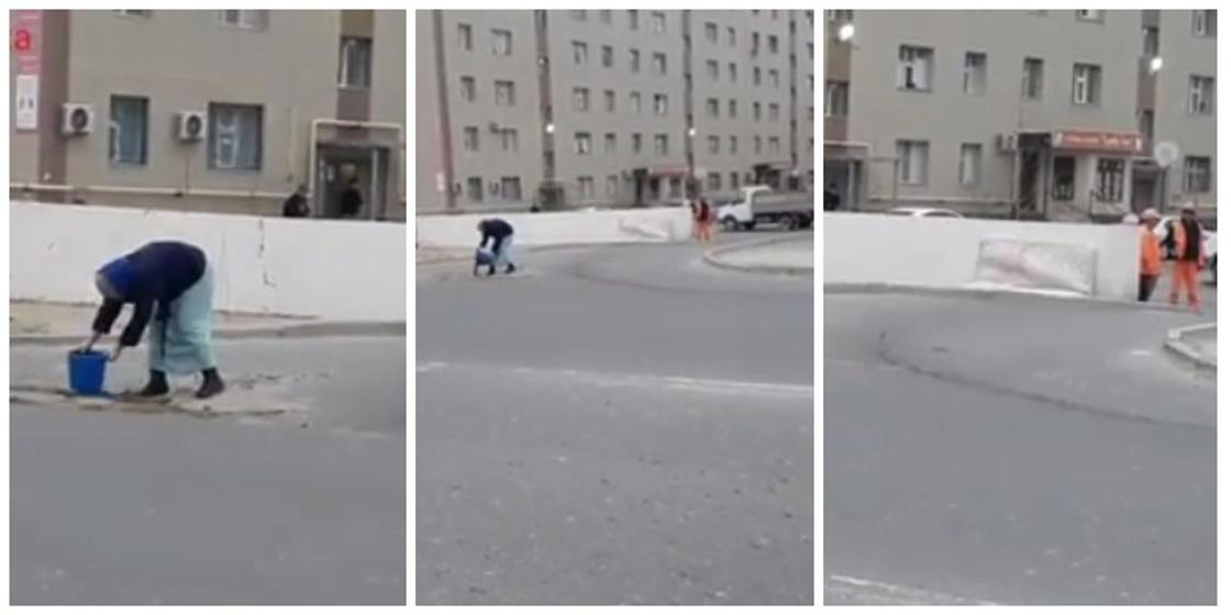Женщина латала ямы на глазах у коммунальщиков в центре Актау (видео) Женщина латала ямы на глазах у коммунальщиков в центре Актау (видео)