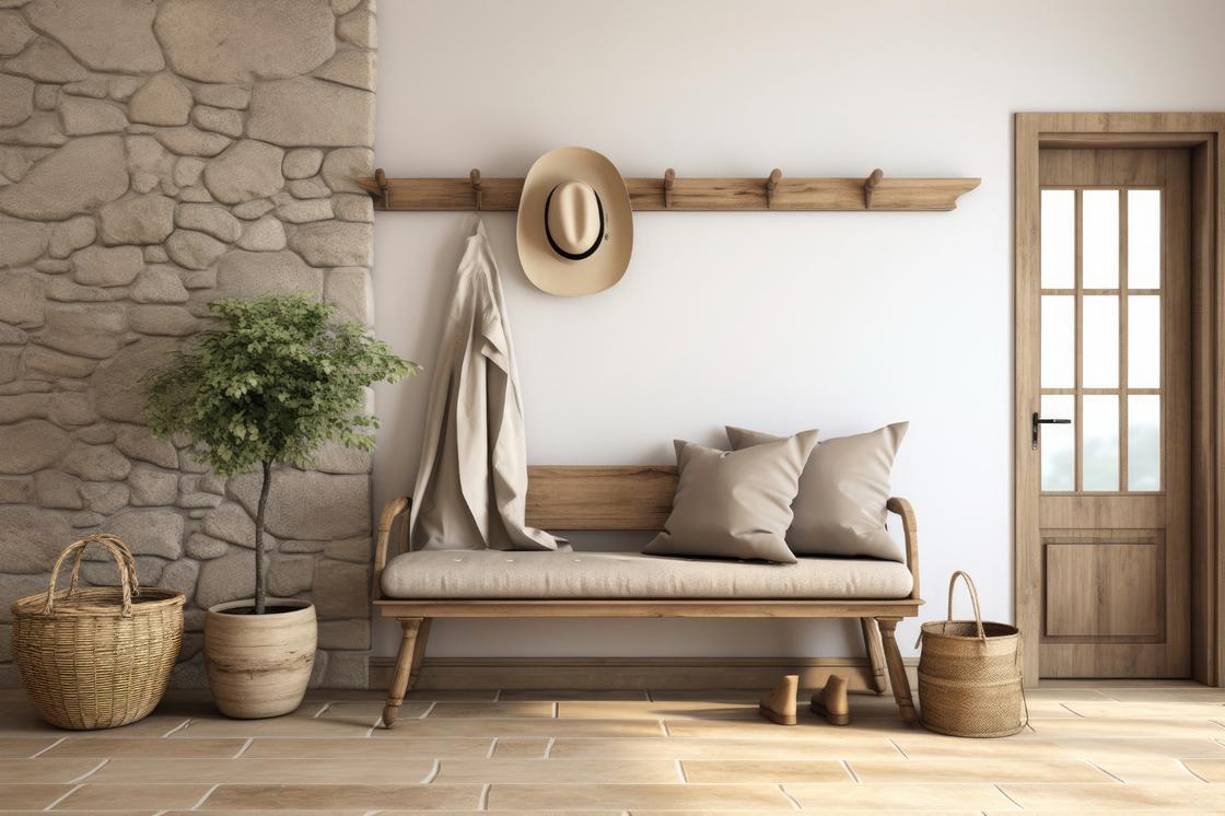 Прихожая в стиле рустик: деревянная скамейка, плетеные корзины, стена из натурального камня