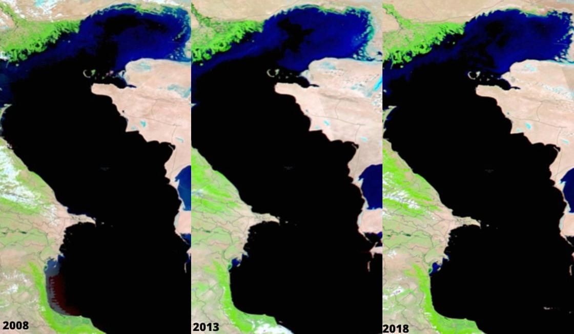 Каспийское море в 2008, 2013 и 2018 годах