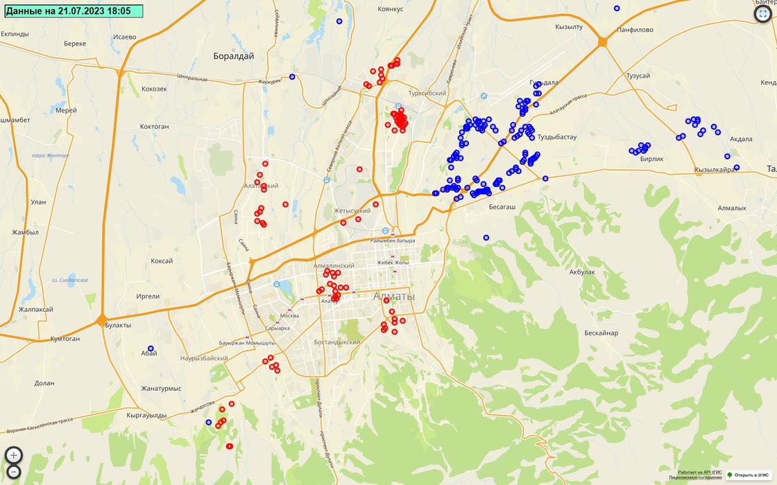 Скриншот карты аварийных отключений электричества в Алматы