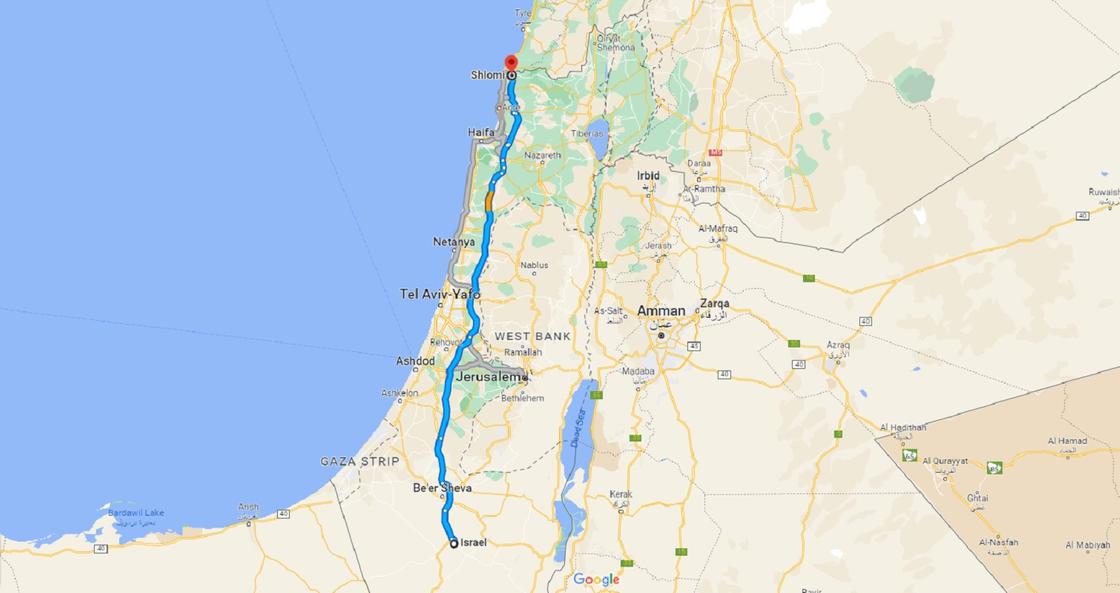 Расстояние между Шломи и Иерусалимом